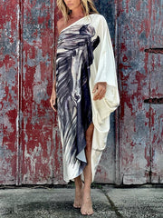 Animal Printed Asymmetric Long Sleeves Loose One-shoulder Maxi Dresses