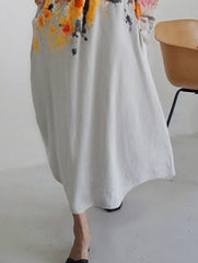 Printed Split-Joint Long Sleeves Loose Round-Neck Midi Dresses