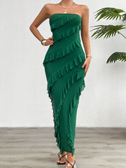 Ruffle Trim Solid Color Split-Back Split-Joint Bodycon High Waisted Tube Maxi Dresses