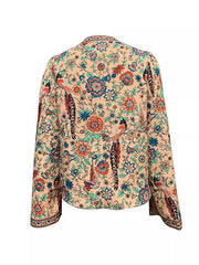 Flower Print Flared Sleeves Long Sleeves V-Neck Blouses&Shirts Tops