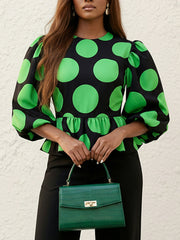 Elasticity Pleated Polka-Dot Loose Puff Sleeves Round-Neck Blouses&Shirts Tops