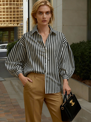 Long Sleeves Loose Buttoned Contrast Color Split-Joint Striped Lapel Blouses&Shirts Tops