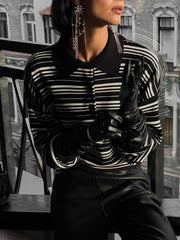 Split-Joint Striped Long Sleeves Lapel Sweater Tops