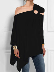 Asymmetric Hollow Solid Color Long Sleeves Loose Asymmetric Collar T-Shirts Tops