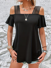 Solid Color Split-Joint Loose Ruffled Short Sleeves Cold shoulder T-Shirts Tops