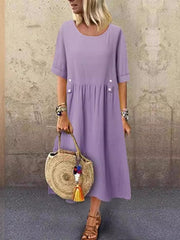 Buttoned Pleated A-Line Loose Round-Neck Midi Dresses