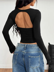 Backless Pleated Solid Color Long Sleeves Skinny Square-Neck T-Shirts Tops