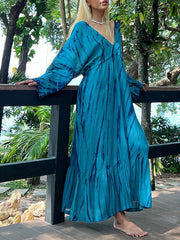 Loose Raglan Sleeve Printed Split-Joint V-Neck Maxi Dresses