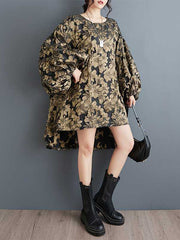 Elasticity Flower Print Jacquard A-Line High-Low Round-Neck Midi Dresses