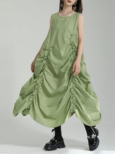 Asymmetric Elasticity Pleated Solid Color Loose Sleeveless Round-Neck Midi Dresses