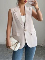 Buttoned Pockets Loose Sleeveless Notched Collar Vest Top Blazer