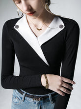 Asymmetric Buttoned Long Sleeves Skinny V-Neck T-Shirts Tops