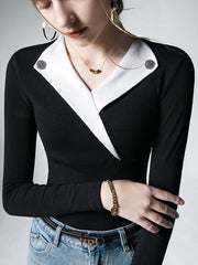 Asymmetric Buttoned Long Sleeves Skinny V-Neck T-Shirts Tops