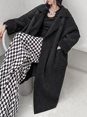 Buttoned Pockets Solid Color Velvet Long Sleeves Loose Lapel Woolen Coat