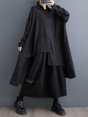 Asymmetric Buttoned Solid Color Split-Joint High-Low Long Sleeves Lapel Blouses&Shirts Tops