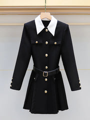 Belted Buttoned Contrast Color Pleated Single-Breasted Elasticated Waist Long Sleeves Lapel Shirt Dress Mini Dresses