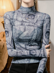 Printed Long Sleeves Plus Size High Neck T-Shirts Tops