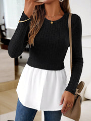 Buttoned Split-Joint Long Sleeves Loose Round-neck Knit Top
