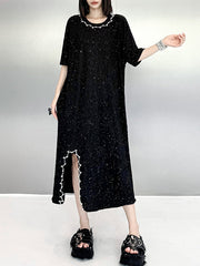 Asymmetric Beaded Shiny Split-Joint Loose Short Sleeves Round-neck Midi Dresses