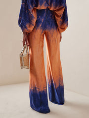 Contrast Color Gradient Split-Joint Tie-Dyed High Waisted Loose Trousers Pants