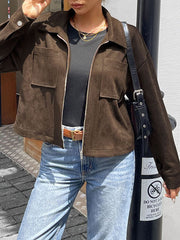 Pockets Solid Color Zipper Long Sleeves Loose Lapel Outerwear Jackets