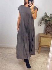 Pleated Pockets Solid Color Split-Joint A-Line High Waisted Round-Neck Maxi Dresses