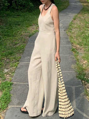 Solid Color Sleeveless Wide Leg Round-neck Jumpsuits