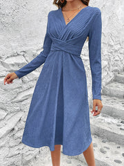 Pleated Solid Color Split-Joint Long Sleeves Loose V-Neck Midi Dresses