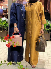 Buttoned Pockets Solid Color Split-Side Long Sleeves Loose Lapel Shirt Dress Maxi Dresses