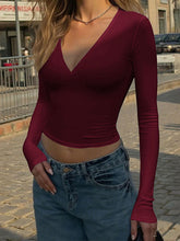 Solid Color Long Sleeves Skinny V-Neck T-Shirts Tops