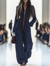 Zipper Long Sleeves Wide Leg Stand Collar Jumpsuits