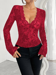 Solid Color Flared Sleeves Long Sleeves Deep V-Neck T-Shirts