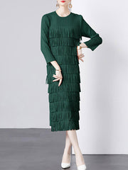 Pleated Solid Color Split-Joint Tasseled Long Sleeves Loose Round-Neck Midi Dresses