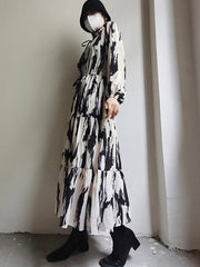 Elasticity Hollow Printed Split-Joint Tied Long Sleeves Loose Mock Neck Midi Dresses