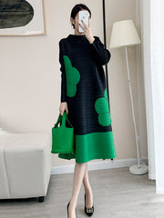 Original Long Sleeves Loose Contrast Color Pleated Beaded Stand Collar Midi Dresses
