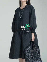 Pleated Quilted Split-Joint Long Sleeves Loose Round-Neck Midi Dresses