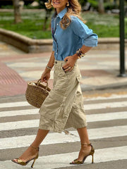 Buttoned Pockets Solid Color Split-Joint Loose Wide Leg Cropped Trousers Capri-Pants