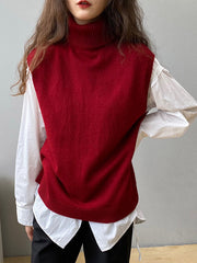 Simple Loose Solid Color High-Neck Knitting Vest Top