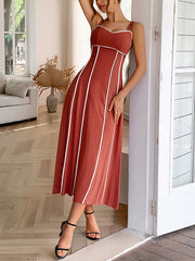 Contrast Color Zipper A-Line High Waisted Spaghetti-Neck Midi Dresses