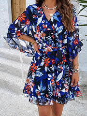 Flower Print Ruffle Trim Split-Joint Tied Waist Flared Sleeves Half Sleeves V-neck Mini Dresses