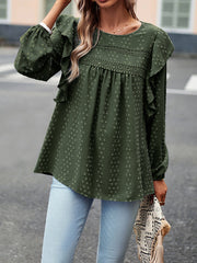 Hollow Jacquard Solid Color Split-Joint Loose Puff Sleeves Round-Neck T-Shirts