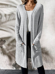 Pockets Solid Color Split-Joint Long Sleeves Loose Collarless Cardigan Tops