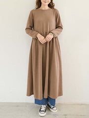 Casual Loose Long Sleeves Solid Color Round-Neck Midi Dresses