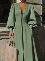 A-Line Long Sleeves Pleated Pockets Solid Color Zipper V-Neck Midi Dresses
