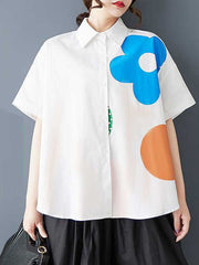 Buttoned Flower Print Loose Short Sleeves Lapel Blouses&Shirts Tops
