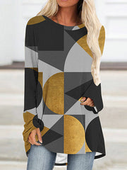 Contrast Color Printed High-Low Long Sleeves Round-Neck T-Shirts Tops