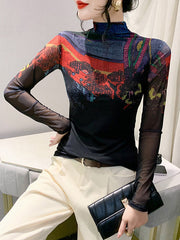 Printed See-Through Split-Joint Long Sleeves Plus Size High Neck T-Shirts