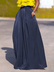 Pleated Pockets Shiny Solid Color High Waisted Loose Trousers Pants