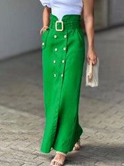 Belted Buttoned Pockets Split-Front High Waisted Loose Skirts Bottoms