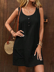 Buttoned Pockets Loose Sleeveless U-Neck Mini Dresses